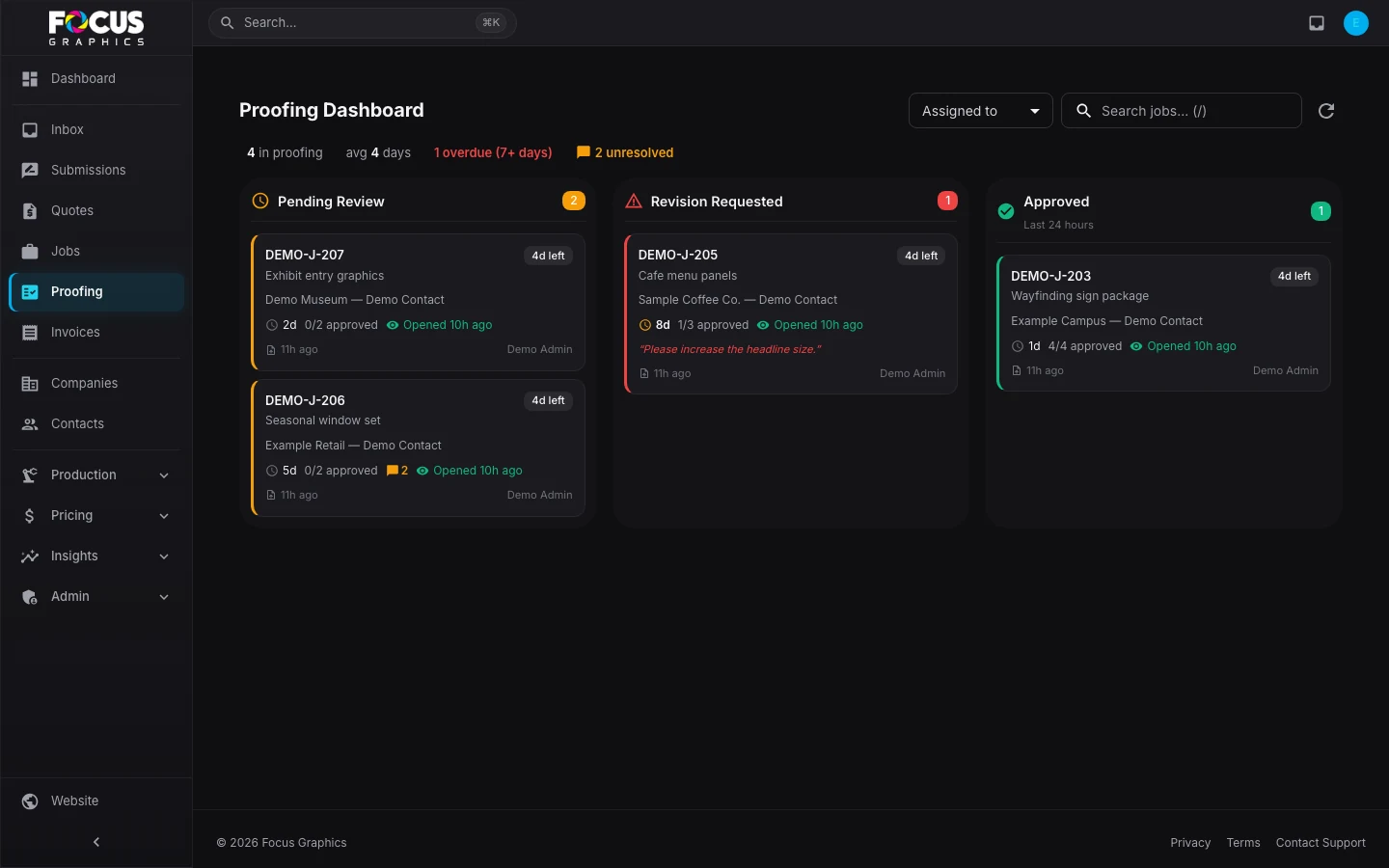 Focus Graphics proofing dashboard showing synthetic demo customers and proof statuses